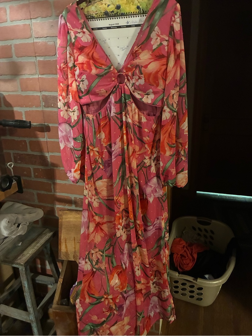 Floral Pink Long Sleeve Maxi Dress with Ring Front